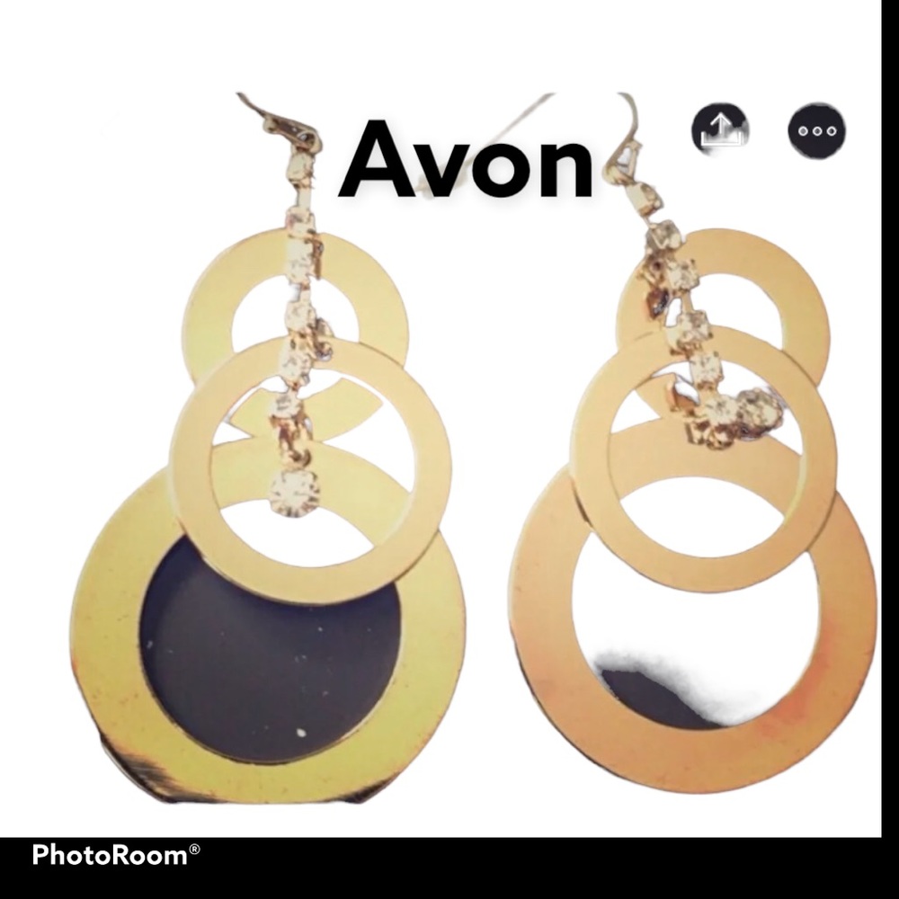 Avon Shiny Circle Goldtone and Rhinestone Bling Earrings NIB